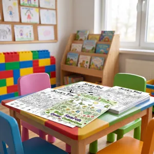 Primo piano dettagliato di libri da colorare e poster di insetti su un tavolo colorato.