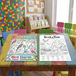 Kids bird seek and find coloring poster book educational painting set for children learning fun.