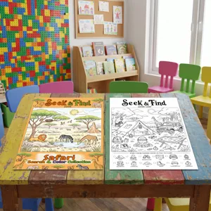 Children safari animals seek and find coloring poster set, educational painting paper toys.