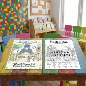 Kids coloring poster world search travel theme educational art activity book for children