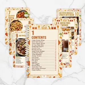 Air fryer recipe spiral notebook detail, portable cooking guide with index and delicious meals.