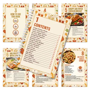 Air fryer recipe book coil bound notebook portable cooking manual with ingredients and steps.