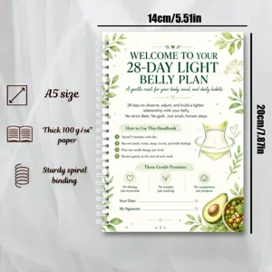 Quaderno spirale 28-Day Light Belly Plan, formato A5, carta spessa 100g, tracker abitudini.