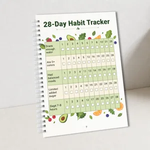 Vue rapprochée d'une page de carnet de suivi d'habitudes de 28 jours avec des points bien-être.