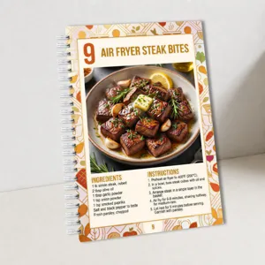 Spiral recipe notebook inner page showing air fryer steak bites cooking instructions for cooking.