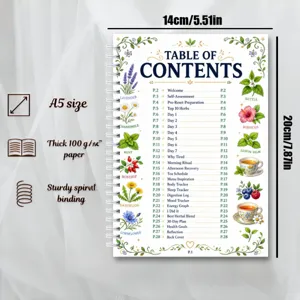 Agenda taccuino botanico A5 con carta spessa 100g, rilegatura a spirale e indice erboristico.
