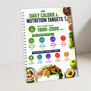 Taccuino pianificatore di calorie e nutrizione giornaliera per il monitoraggio dei pasti sani.