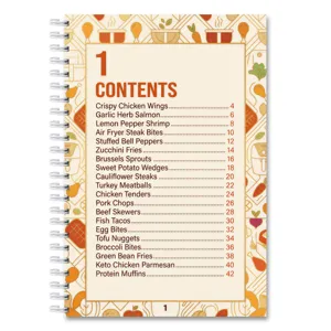 Detailed view of recipe notebook contents page featuring various healthy cooking dishes and page numbers.
