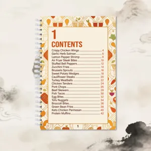 Spiral recipe notebook details page featuring healthy cooking contents and food illustrations.