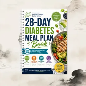Vista dettagliata del taccuino del piano pasti per diabete di 28 giorni con ricette e tabelle utili.
