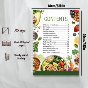Carnet de planificateur de régime A5 avec papier de 100g et reliure spirale robuste pour les repas.