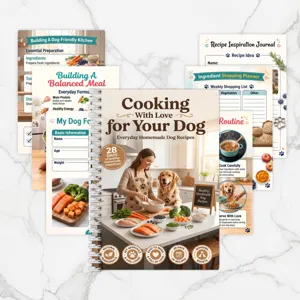 Dog recipe book spiral bound with 28 days homemade dog food planner and daily meal logs.