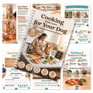 Detailed view of the 28-day homemade dog recipe notebook featuring meal plans and guides.