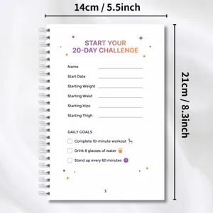 20-Tage-Fitness-Challenge Spiralnotizbuch Detail mit täglichem Gewohnheits- und Trainingsziel.