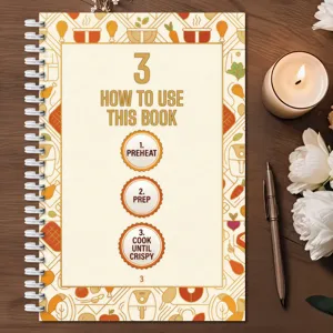 Detailed view of recipe notebook page with cooking instructions and cute food illustrations.