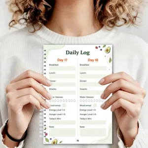 Vue détaillée du carnet de suivi quotidien montrant les pages de régime et d'eau.