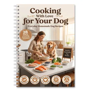 Cover detail of 28-day homemade dog recipe spiral notebook with cozy kitchen cooking scene.