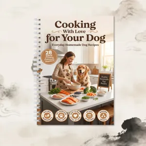 Dog recipe book cover featuring healthy home-cooked meals and fresh ingredients for happy pets.