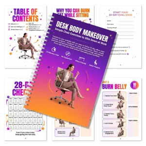 Bürostuhl Büro Workout Notizbuch Detail mit 28-Tage Fitness Challenge Planer und Übungen.