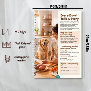 A5 dog recipe notebook with thick 100gsm paper and sturdy spiral binding for daily cooking plans.