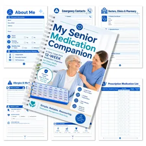 Details of 12-week senior medication organizer notebook, large print health tracker for daily care.