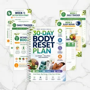 30-Day body reset planner detail view, daily habit tracker notebook for health, fitness and sleep.