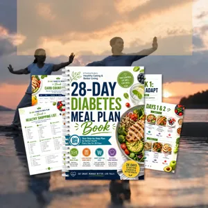 Vista dettagliata del libro di piano pasti per diabete di 28 giorni con guide e liste spesa.