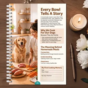 Detailed view of the pet recipe notebook page with lovely illustration and writing lines.