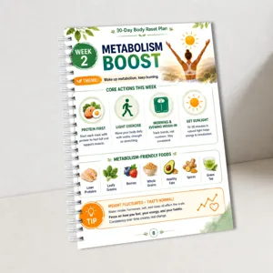 30-day body reset plan spiral notebook detail page, metabolism boost daily wellness planner.