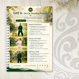 Tai chi fitness plan spiral manual detail page showing daily standing posture and instructions.