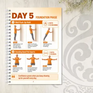 Spiral-Fitness-Planer-Notizbuch Innenseite mit Trainingsanleitung und Übungen für Tag 5.