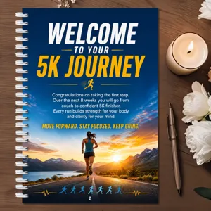 Detail view of a 5K running training logbook with spiral binding and inspiring fitness cover design.
