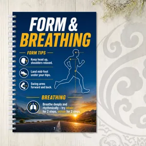 Running training notebook detail showing form and breathing tips graphic design cover.