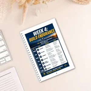 Detailed shot of the running training planner notebook page with weekly schedule and notes.