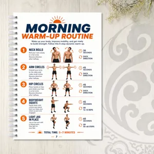 Morgen-Aufwärmroutine Spiralnotizbuch Detailseite mit Fitnessanleitung und Übungsschritten.