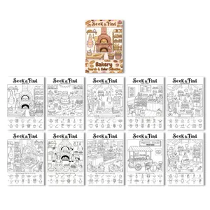 Children bakery theme seek and find coloring book poster set with cute illustrations.