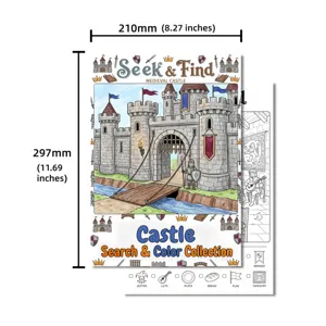 Medieval castle coloring poster for kids, search and find activity sheet with A4 size.