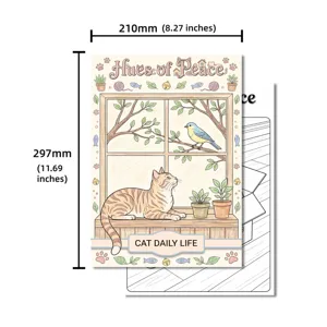 Póster para colorear de gato lindo A4 libro de dibujo de arte curativo para niños