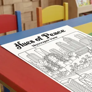 Vista detallada del póster para colorear de jardín en la azotea, ideal para niños creativos.
