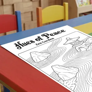 Vista dettagliata di un poster da colorare di giardino Zen giapponese con tempio per bambini.
