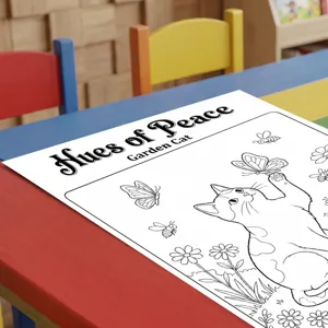 Póster de dibujo de gato tierno para niños, papel para colorear en blanco y negro con flores.