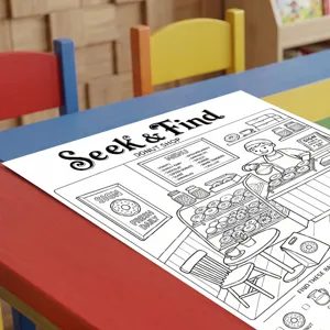 Bakery theme children coloring poster detail, cute donut shop line art seek and find activity.