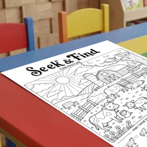 Primo piano e dettaglio del poster da colorare fattoria con gioco cerca e trova divertente.