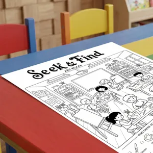 Vue détaillée de l'affiche de coloriage cherche et trouve pour enfants, livre d'art éducatif.