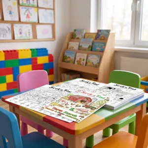 Vista dettagliata dei libri da colorare a tema fattoria su un tavolo colorato per bambini.