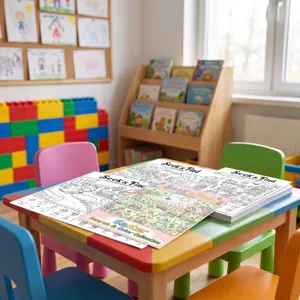 Vista dettagliata del libro da colorare di Pasqua per bambini su un tavolo da gioco colorato.