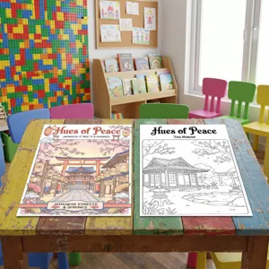 Set di poster da colorare per bambini, libro da disegno con tema strada giapponese casa tè.