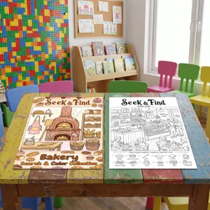 Kids baking theme search and find coloring poster detail view showing colorful sample and line art.