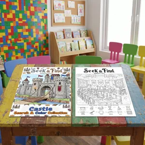 Kids medieval castle seek and find coloring poster set, educational DIY drawing book for children.
