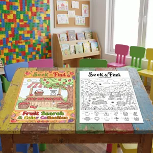 Set di poster da colorare cerca e trova di frutta, libro educativo per bambini e apprendimento.